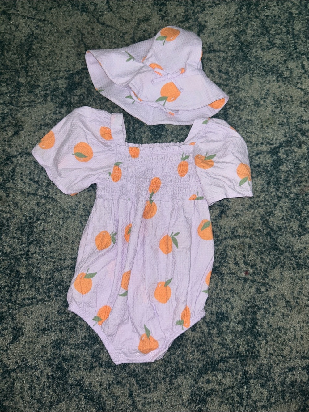 Jessica Simpson Lavender One-Piece with Orange Peach Print and Matching Hat